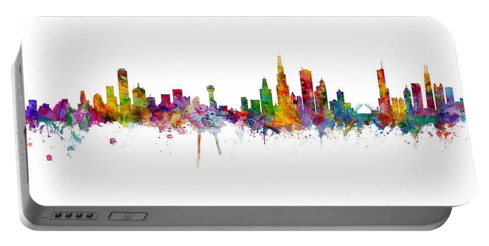 Chicago Portable Battery Charger featuring the digital art Dallas and Chicago Skylines Mashup by Michael Tompsett