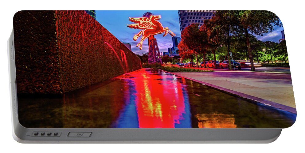 Dallas Pegasus Portable Battery Charger featuring the photograph Dallas Red Flying Pegasus Fountain Reflections by Gregory Ballos