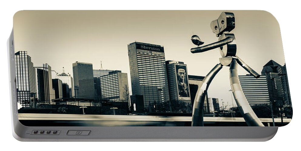 Dallas Skyline Portable Battery Charger featuring the photograph Dallas Texas Traveling Man and City Skyline Panorama - Sepia Edition by Gregory Ballos