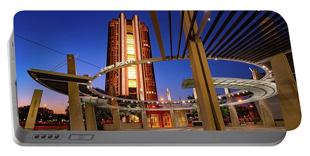 Dallas Texas Portable Battery Charger featuring the photograph Dallas Uptown Station at Dawn by Gregory Ballos