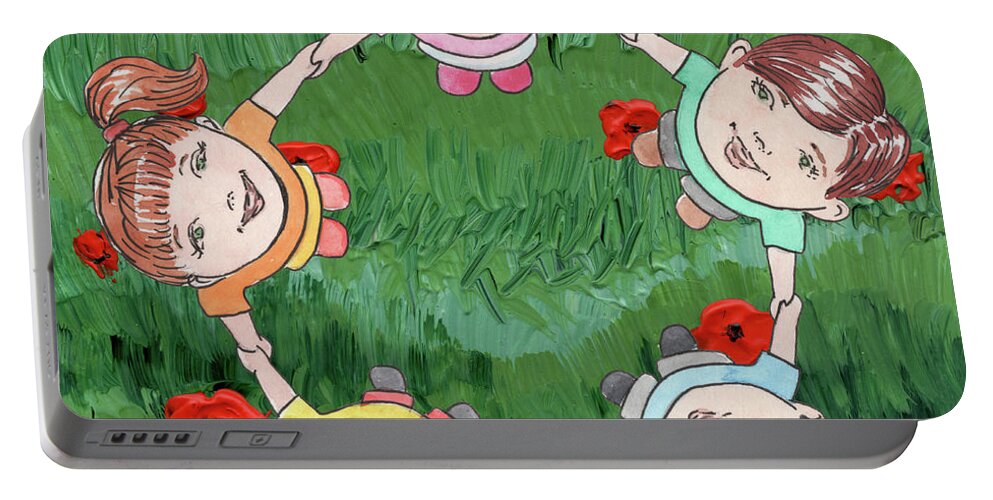 Poppy Portable Battery Charger featuring the painting Dancing Children On Red Poppy Field by Irina Sztukowski