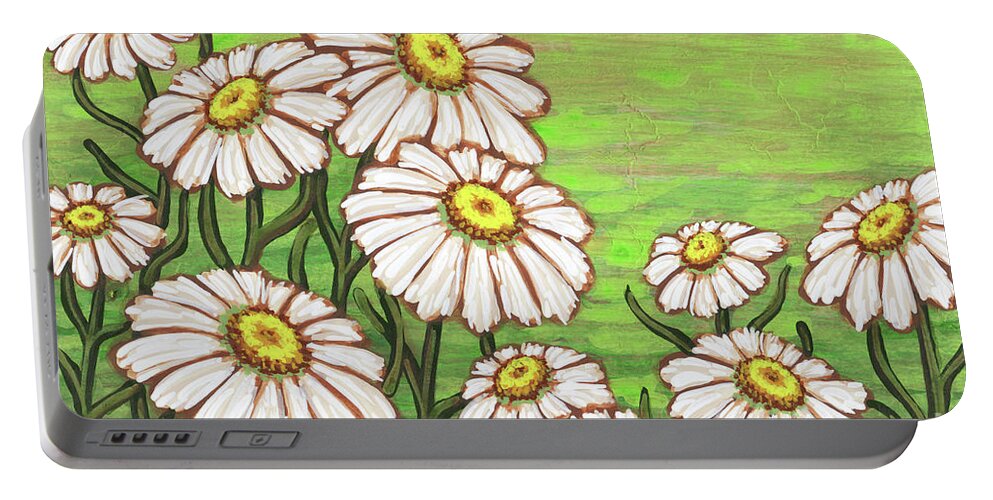 Daisy Portable Battery Charger featuring the painting Dancing Daisy Daydreams in Lime Sherbet Skies by Amy E Fraser