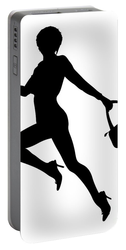 Black And White Portable Battery Charger featuring the digital art Dancing Lady with Purse by Pete Klinger