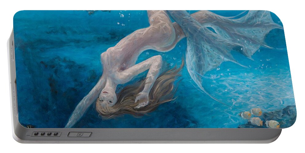 Mermaid Underwater Lady Fish Siren Sexy Water Blue Deep See Ocean Portable Battery Charger featuring the painting Dangerous invitation by Marco Busoni