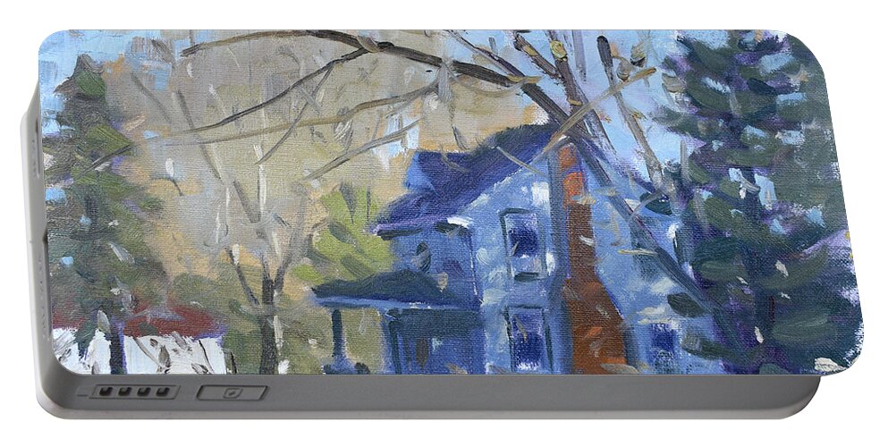  Portable Battery Charger featuring the painting Dappeld Lights on the Blue House by Ylli Haruni