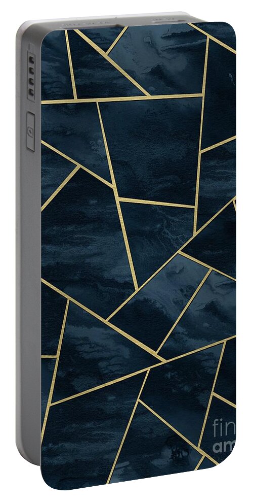 Graphic-design Portable Battery Charger featuring the digital art Dark Midnight Navy Blue Gold Geometric Glam #1 #geo #decor #art by Anitas and Bellas Art