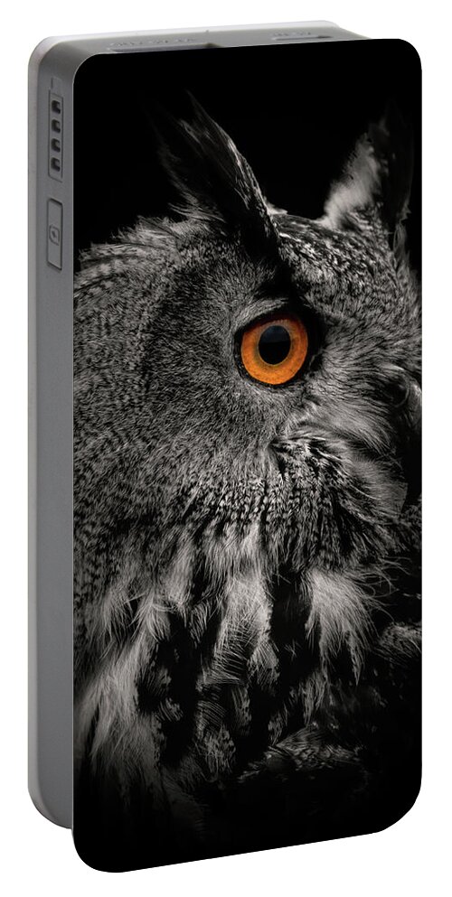 Portrait Portable Battery Charger featuring the digital art Dark portrait eagle owl in black and white by Marjolein Van Middelkoop