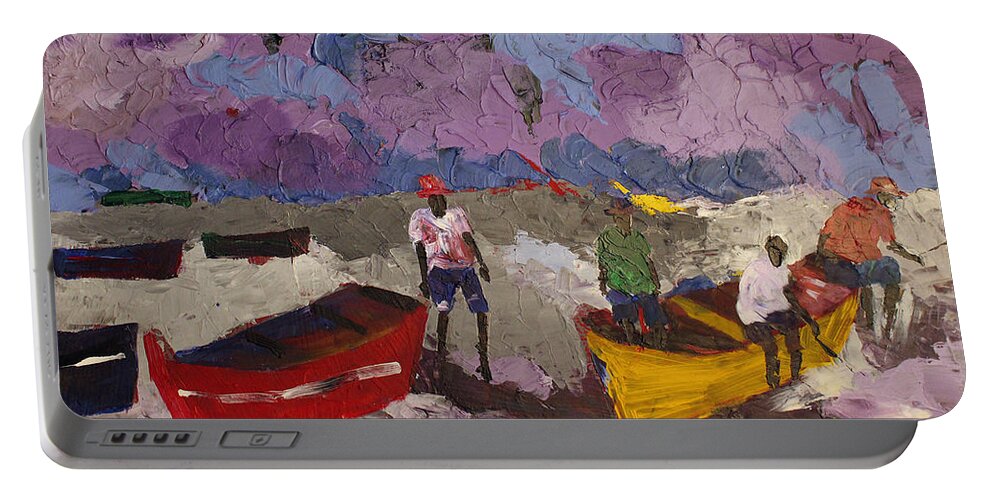 African Art Portable Battery Charger featuring the painting Dark Purple Fishing Sky by Tarizai Munsvhenga