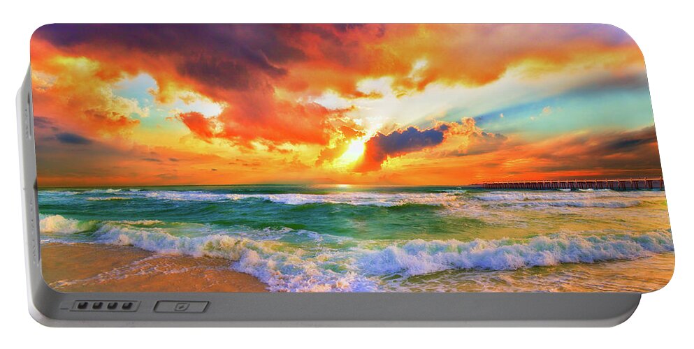 Art Portable Battery Charger featuring the photograph Dark Red Orange Sunset over Green Sea and Waves by Eszra Tanner