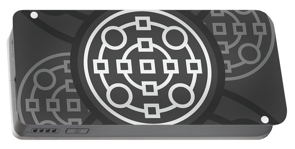 Abstract Portable Battery Charger featuring the mixed media Dark Steely Geometric Glyph Art in Black Gray and White n.0140 by Holy Rock Design