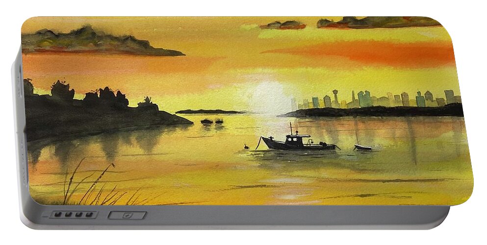 Sunrise Portable Battery Charger featuring the painting Dawn at the Shore by Joseph Burger