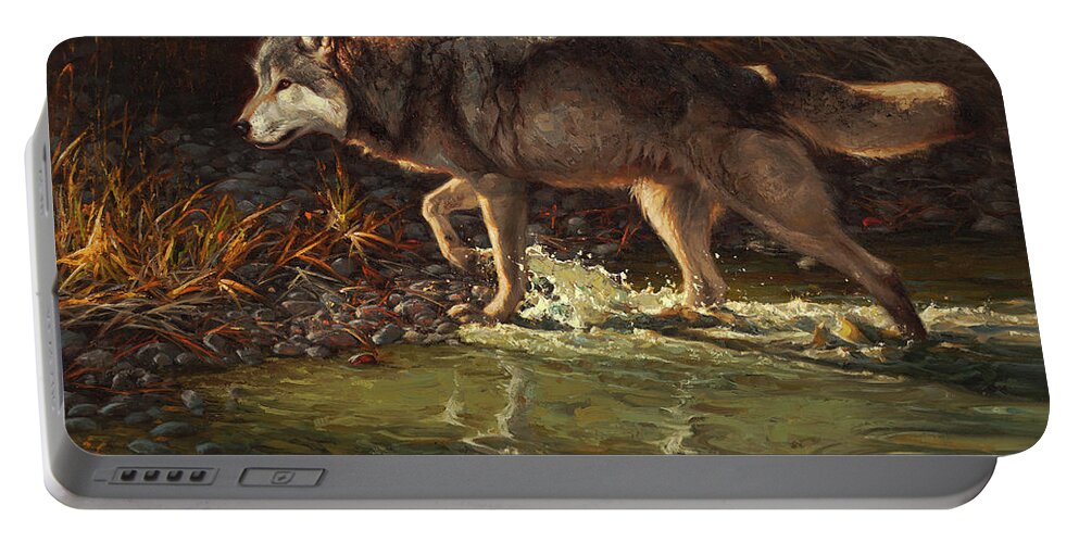 Wolf Portable Battery Charger featuring the painting Dawn Patrol by Greg Beecham