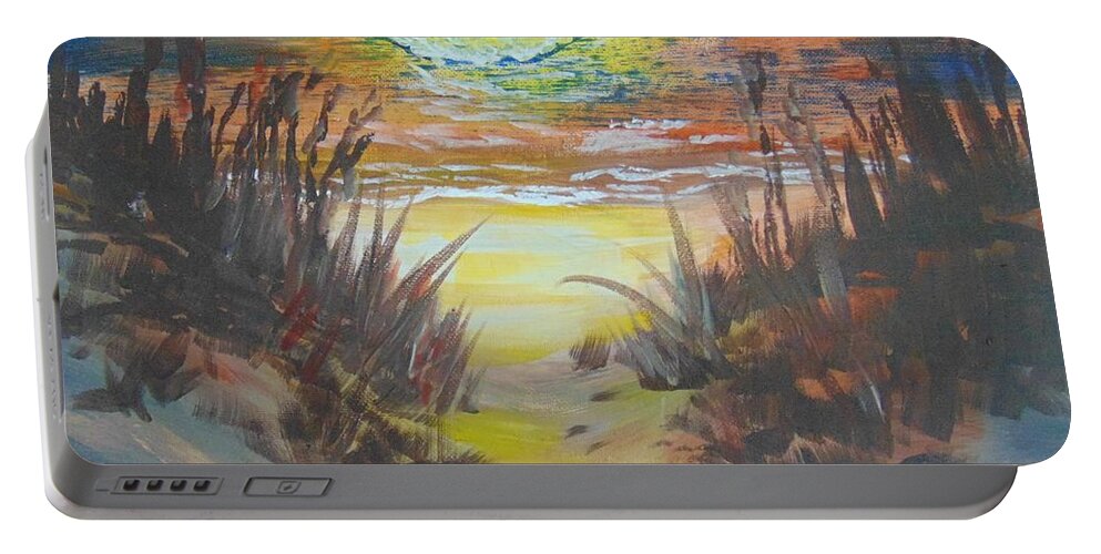 Beach Portable Battery Charger featuring the painting Dawn's Early Light by Saundra Johnson