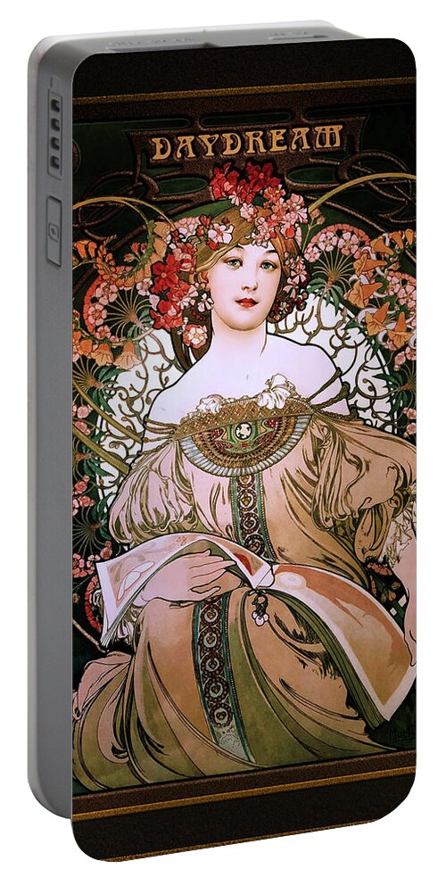 Daydream Portable Battery Charger featuring the painting Daydream c1896 by Alphonse Mucha Remastered Retro Art Xzendor7 Reproductions by Xzendor7