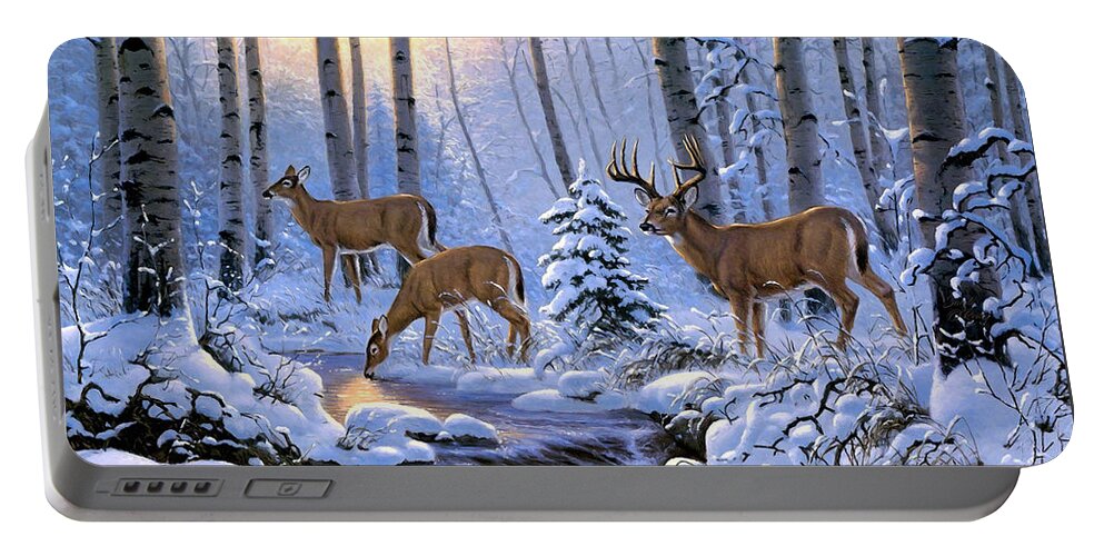 Deer Family Portable Battery Charger featuring the mixed media A Deer Family Winter Sunrise Scene by Sandi OReilly
