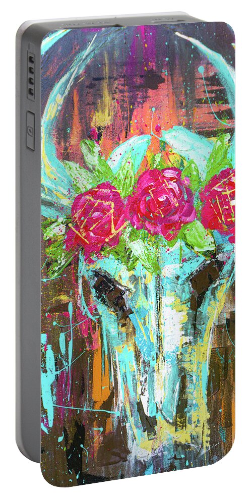 Deer Portable Battery Charger featuring the painting Deer Skull With Rose Wreath Boho by Joanne Herrmann
