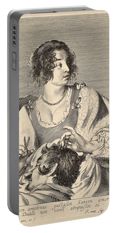 Claude Mellan Portable Battery Charger featuring the drawing Delilah Cutting Samson's Hair by Claude Mellan