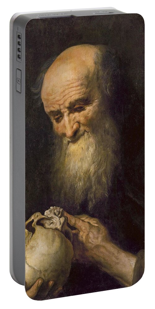 Circle Of Jan Cossiers Portable Battery Charger featuring the painting Democritus with a skull by Circle of Jan Cossiers