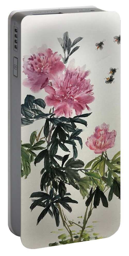 Peony Flowers Portable Battery Charger featuring the painting Depend On Each Other - 2 by Carmen Lam