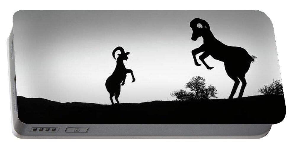 Desert Bighorn Ram Metal Sculptures Portable Battery Charger featuring the photograph Desert bighorn ram metal sculptures, Galleta Meadows Estate, Borrego Springs, California, USA by Panoramic Images