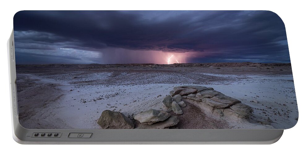 Storm Portable Battery Charger featuring the photograph Desert Storm with Lightning by Wesley Aston