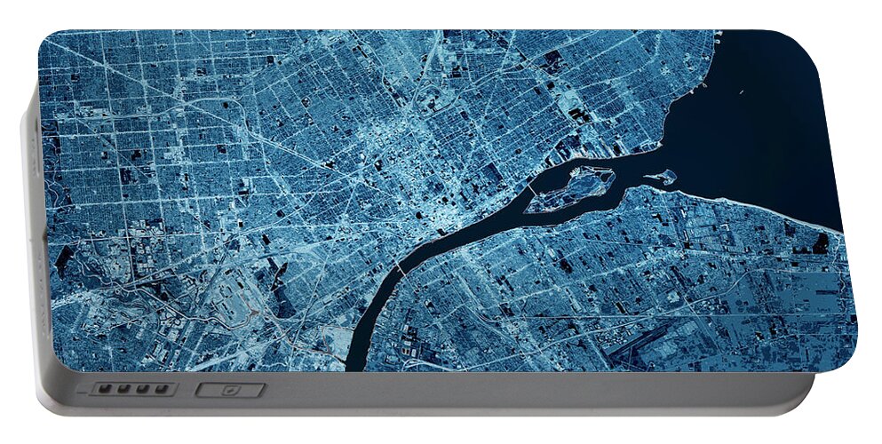 Detroit Portable Battery Charger featuring the digital art Detroit Michigan 3D Render Map Blue Top View May 2019 by Frank Ramspott