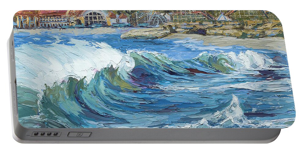 Ocean Portable Battery Charger featuring the painting Devdutt's Wave by PJ Kirk