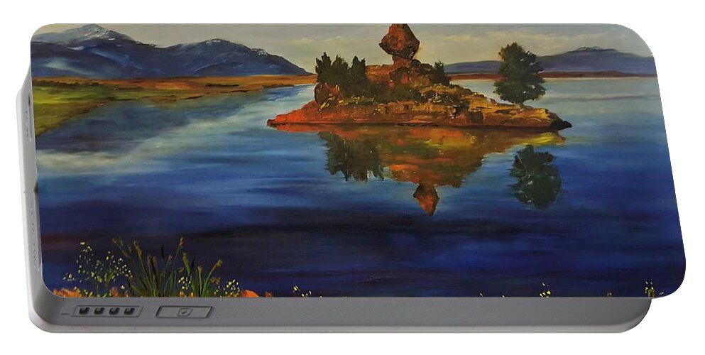 Diamond Point Portable Battery Charger featuring the painting Diamond Point Ennis Lake   4620 by Cheryl Nancy Ann Gordon