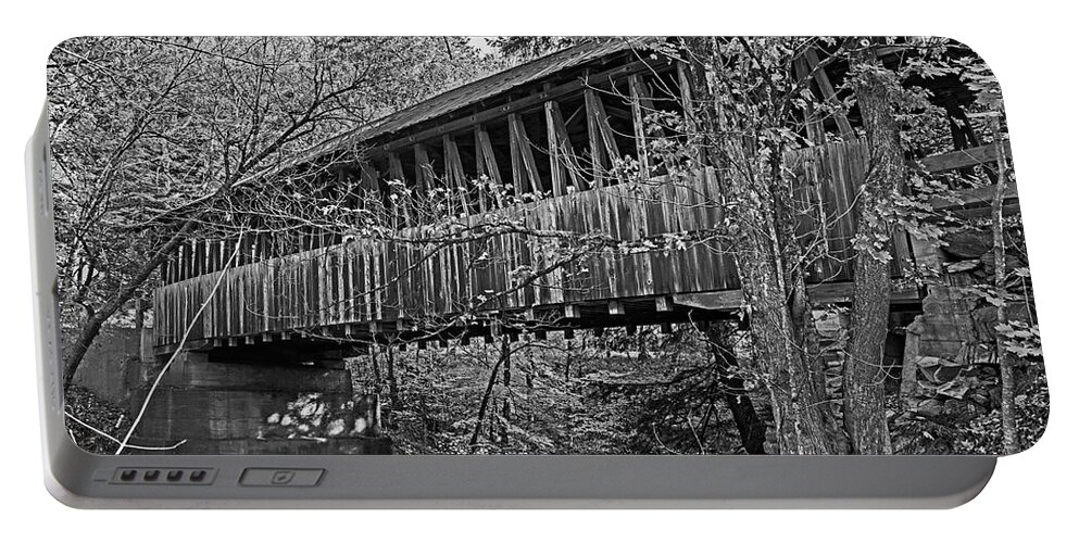 Cornish Portable Battery Charger featuring the photograph Dingleton Hills Covered Bridge Cornish NH Fall Foliage Black and White by Toby McGuire