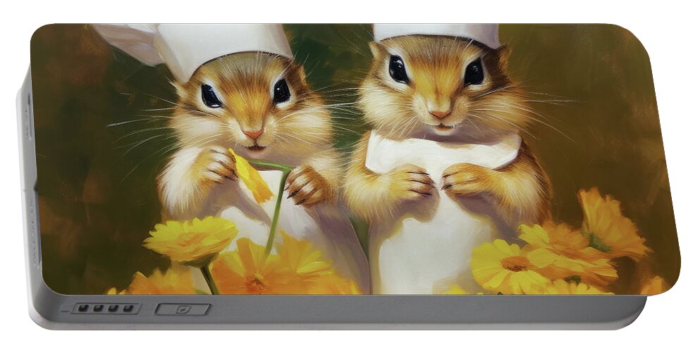Chipmunk Portable Battery Charger featuring the painting Dining On Daisies by Tina LeCour