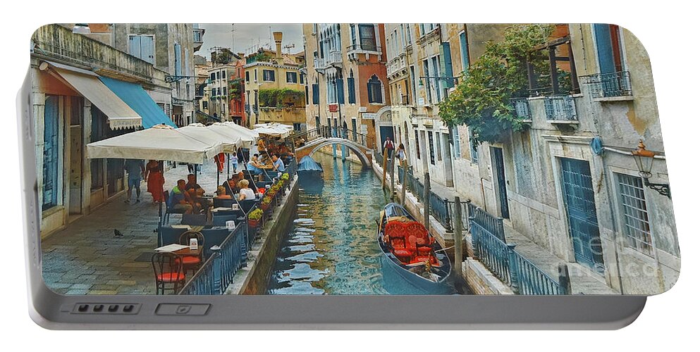 Venice Portable Battery Charger featuring the mixed media Dinning By Venice Canal by Loretta S