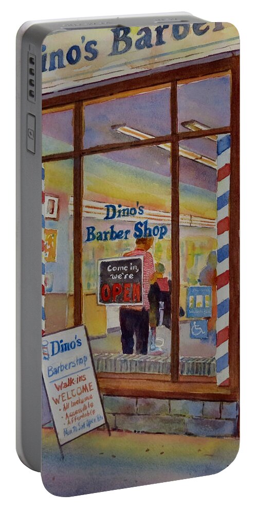 Canada Portable Battery Charger featuring the painting Dino's Barbershop by David Gilmore