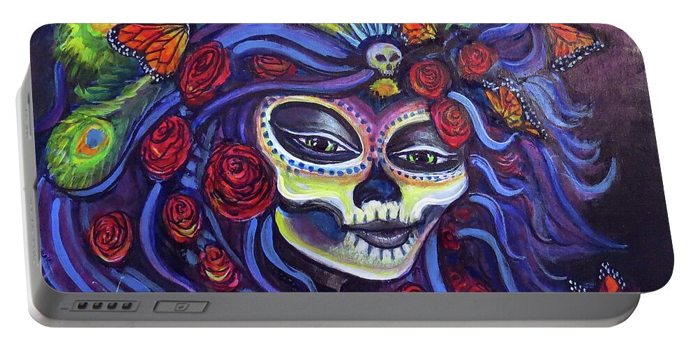 Dio Portable Battery Charger featuring the painting Dio Del Los Muertos Catrina - Taos by David Sockrider