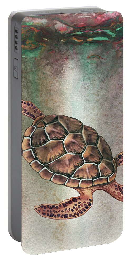 Giant Portable Battery Charger featuring the painting Diving In For More Giant Sea Turtle Watercolor by Irina Sztukowski