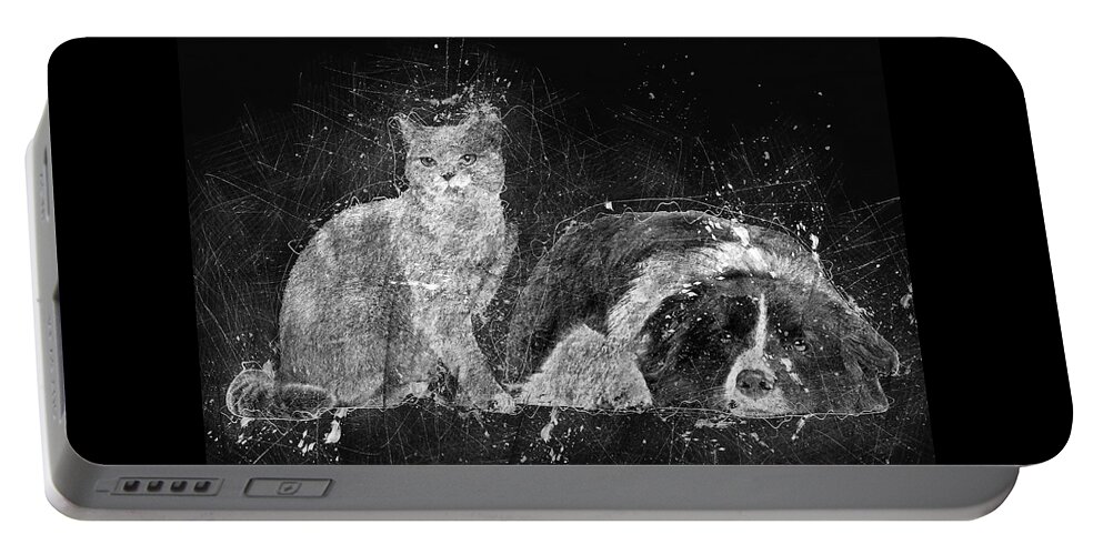 Black Portable Battery Charger featuring the painting Dog and Cat - Border Collie and American Shorthair by Custom Pet Portrait Art Studio