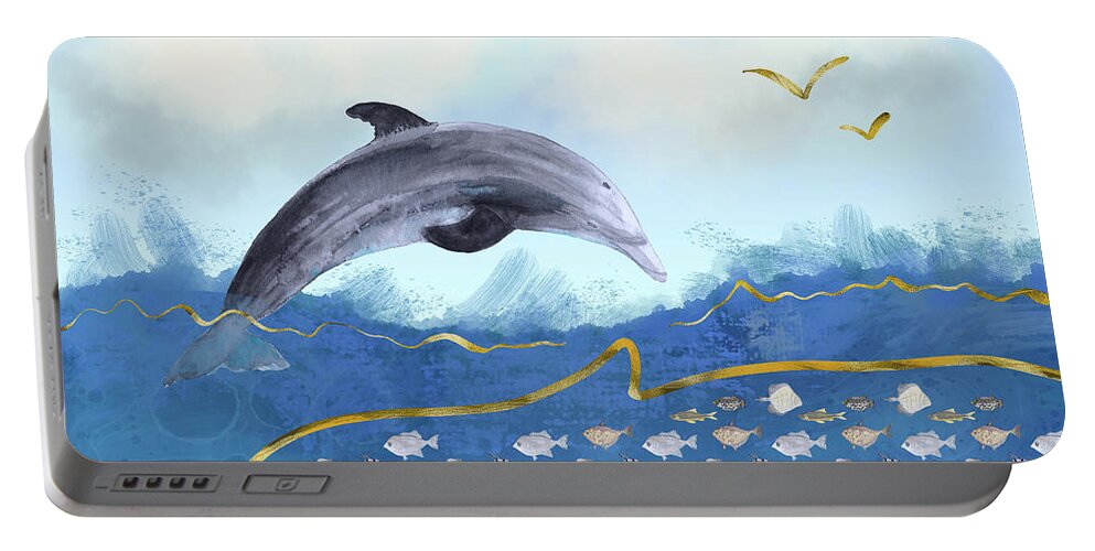 Dolphin Portable Battery Charger featuring the digital art Dolphins Hunting Fish - Surreal Seascape by Andreea Dumez