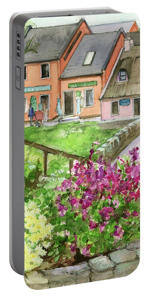Doolin Portable Battery Charger featuring the painting Doolin Ireland Shops and Flowers by Rebecca Matthews