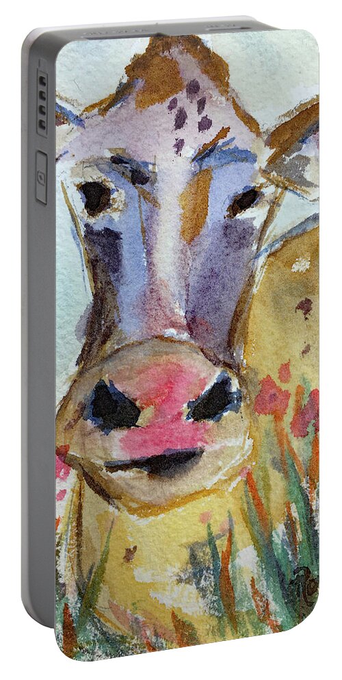 Cow Portable Battery Charger featuring the painting Dottie by Roxy Rich