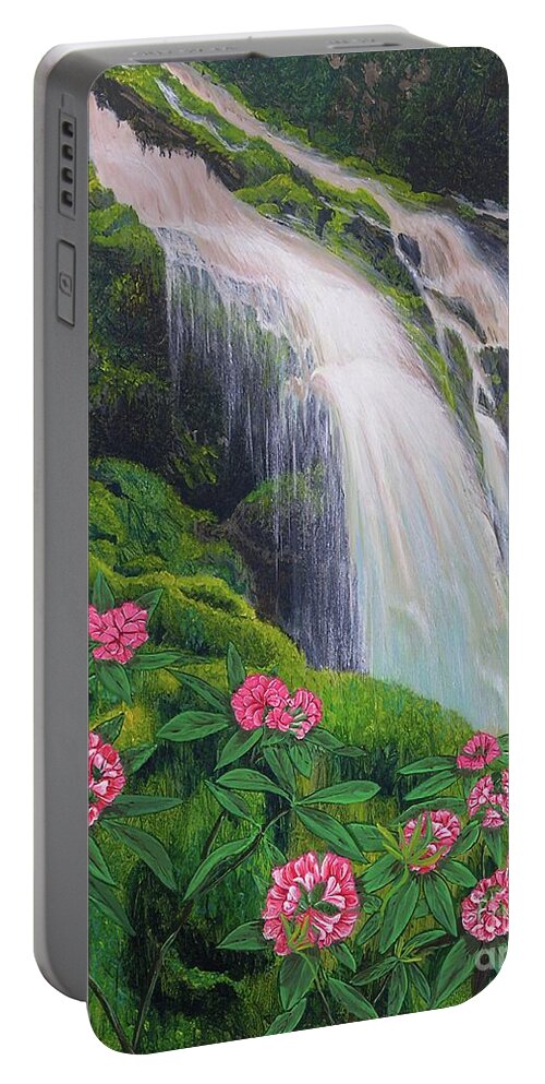 Waterfall Portable Battery Charger featuring the painting Double Hawaii Waterfall by Mary Deal