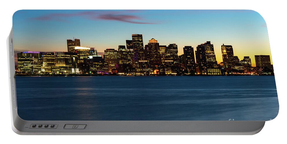 2014 Portable Battery Charger featuring the photograph Downtown Boston Skyline at Night Sunset Photo by Paul Velgos