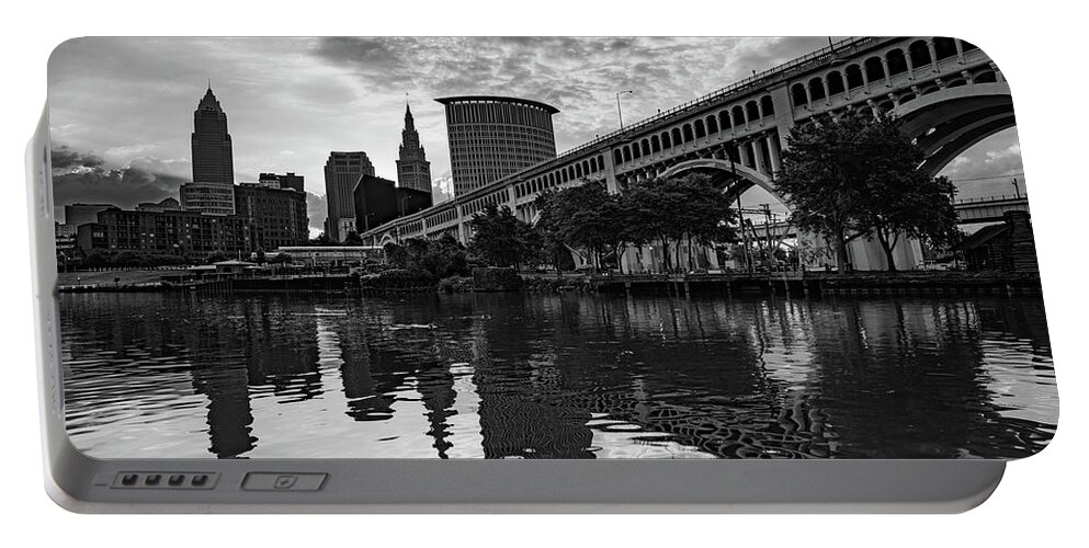 Cleveland Skyline Portable Battery Charger featuring the photograph Downtown Cleveland Skyline - Grayscale Edition by Gregory Ballos
