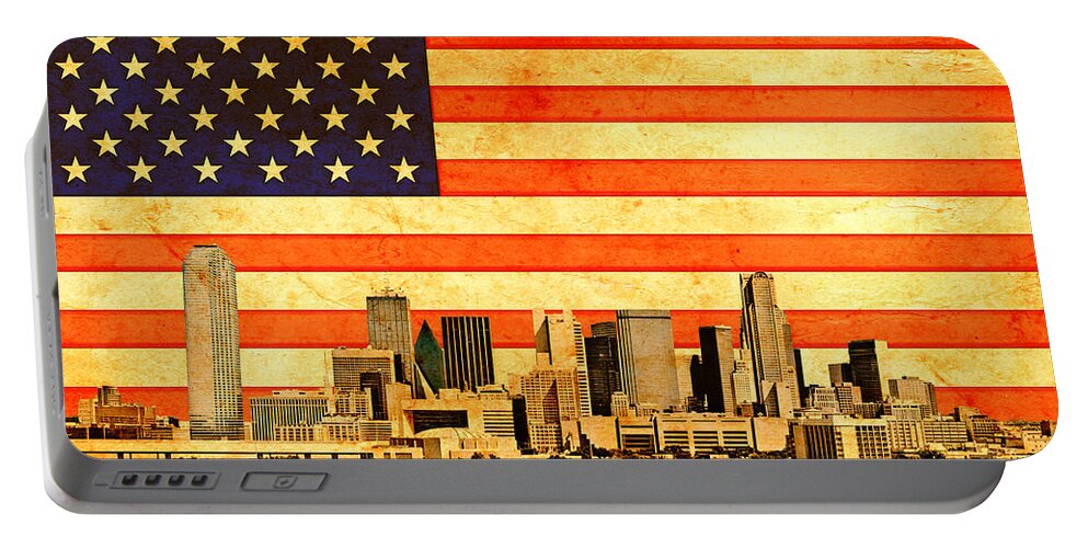 Dallas Portable Battery Charger featuring the digital art Downtown Dallas skyline blended with the US flag and printed on old paper texture by Nicko Prints