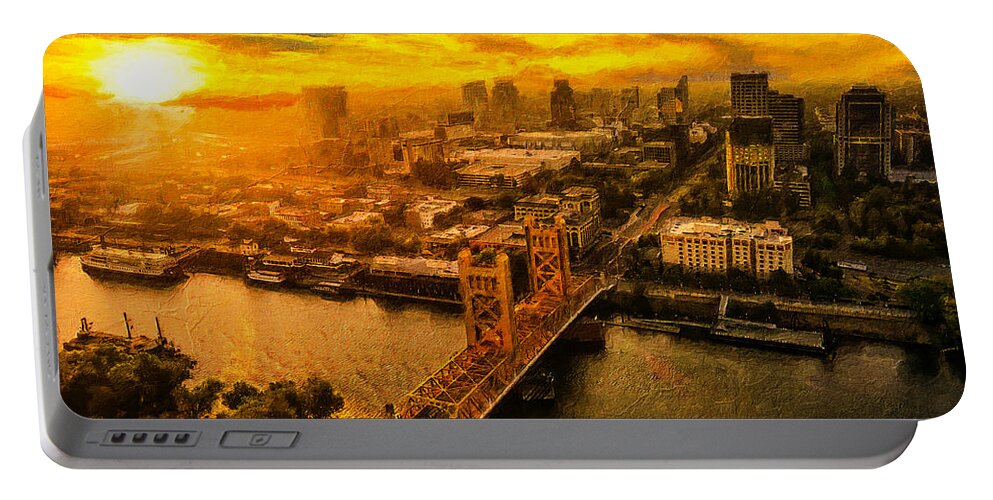 Sacramento Portable Battery Charger featuring the digital art Downtown Sacramento and Tower Bridge at sunset - digital painting by Nicko Prints