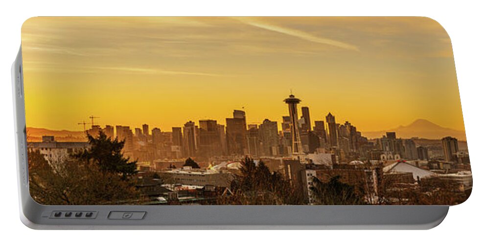 Outdoor; Sunrise; Dawn; Winter; Skyline; Colors; Cloud; Space Needle; Downtown; Seattle; Beautiful Sky; Washington Beauty; Pacific Northwest; Mt Rainier Portable Battery Charger featuring the digital art Downtown Seattle Sunrise Panaroma by Michael Lee