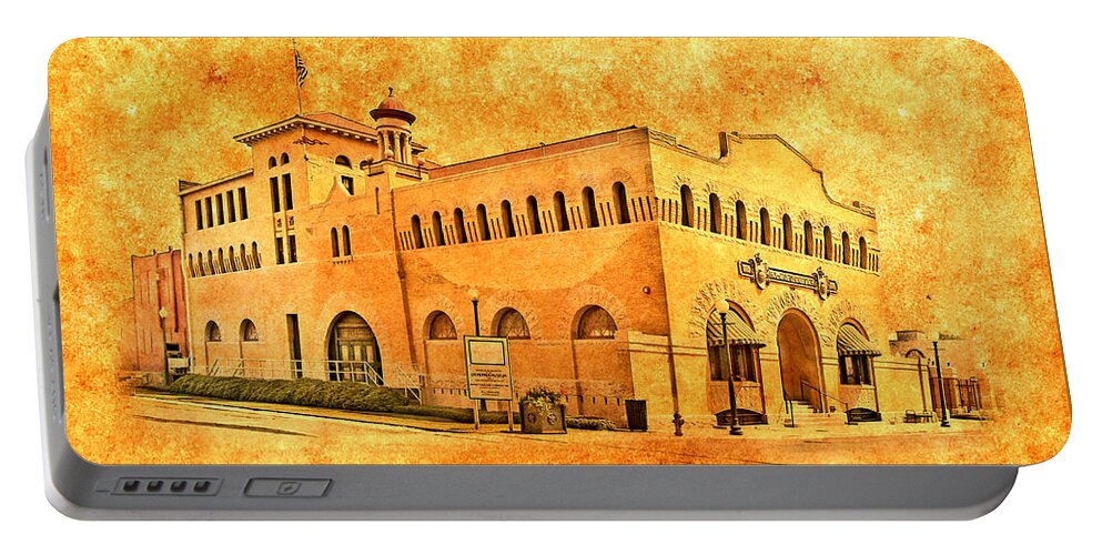 Dr Pepper Museum In Waco Portable Battery Charger featuring the digital art Dr Pepper Museum in Waco, Texas, blended on old paper by Nicko Prints