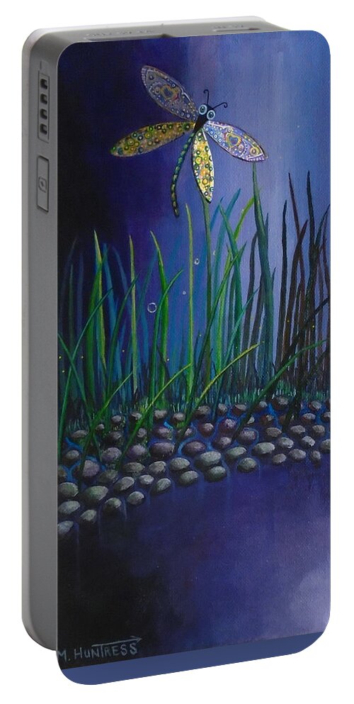 Dragonfly Portable Battery Charger featuring the painting Dragonfly at the Bay II by Mindy Huntress