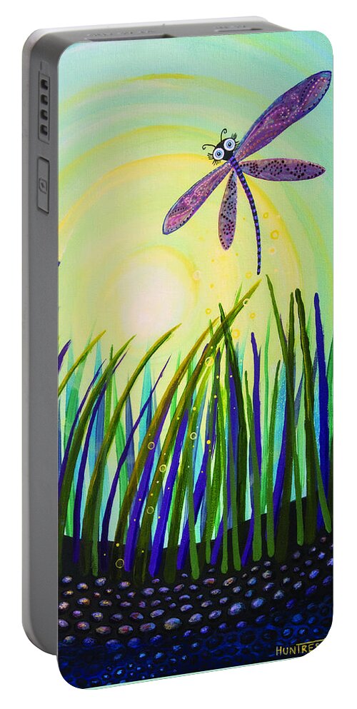 Dragon Fly Portable Battery Charger featuring the painting Dragonfly at the Bay III by Mindy Huntress