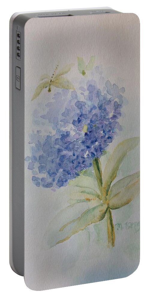 Hydrangea Portable Battery Charger featuring the painting Dragonfly on hydrangea by Milly Tseng