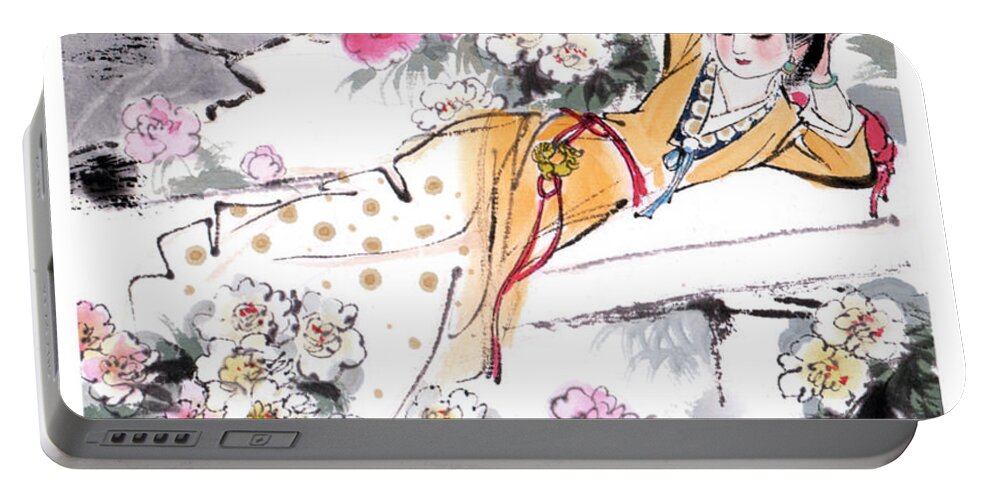 Liu Danzhai Portable Battery Charger featuring the painting Dream of the Red Chamber - Woman Laying In Garden by Liu Danzhai