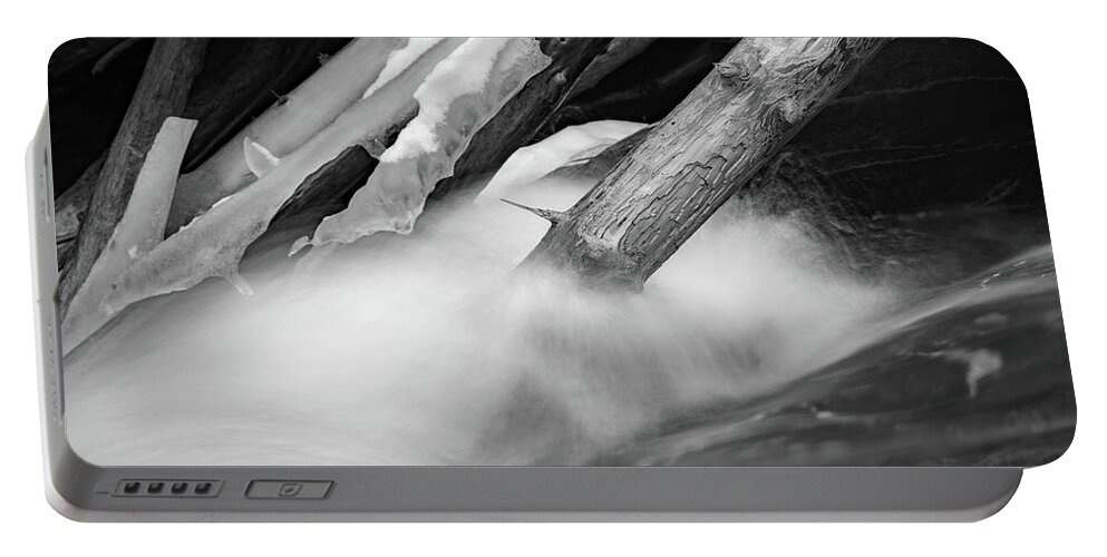 Black And White Portable Battery Charger featuring the photograph Driftwood on Ice by Stan Weyler